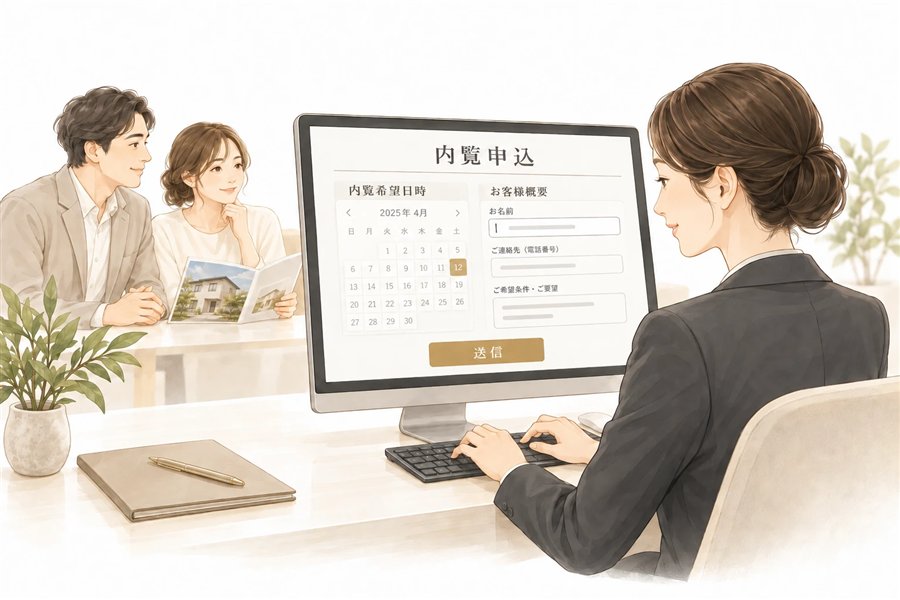 購入検討者側の仲介会社が、専用のシステムに内覧申込の希望日時とお客様情報を入力するイメージ