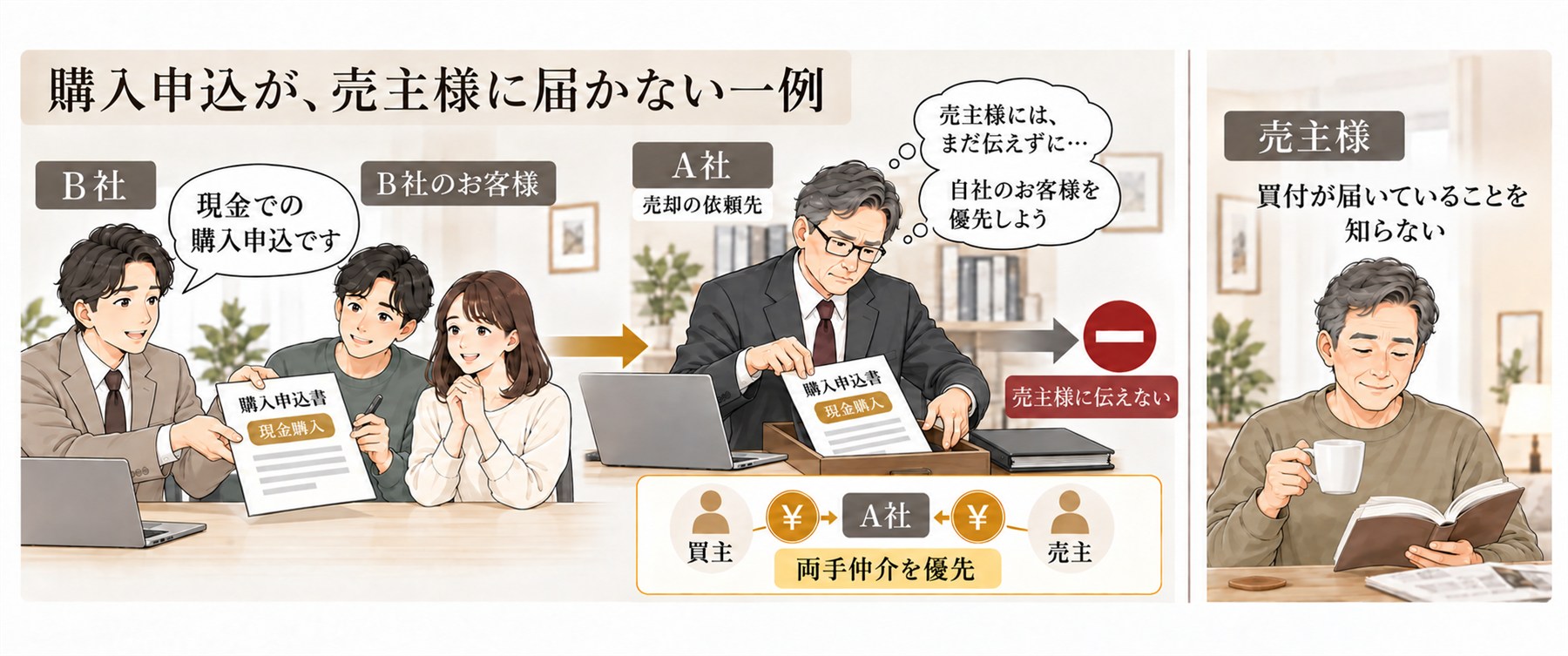 購入申込が、売主様に届かない一例:B社のお客様が現金での購入申込をしても、A社(売却の依頼先)は「売主様には、まだ伝えずに…自社のお客様を優先しよう」と申込書を引き出しにしまい、売主様に伝えない。両手仲介が優先され、売主様は買付が届いていることを知らないままになる。