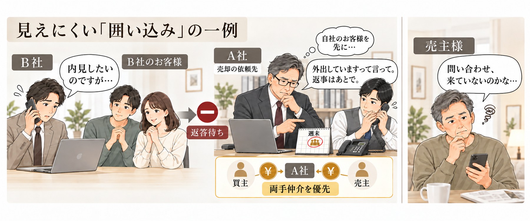 見えにくい「囲い込み」の一例:B社のお客様が内見を希望してB社が連絡しても、A社(売却の依頼先)は「外出しています。返事はあとで。」と返答を後回しにし、両手仲介を優先して自社のお客様を先にしようとする。売主様のもとには問い合わせが届かず、「問い合わせ、来ていないのかな…」と感じてしまう。