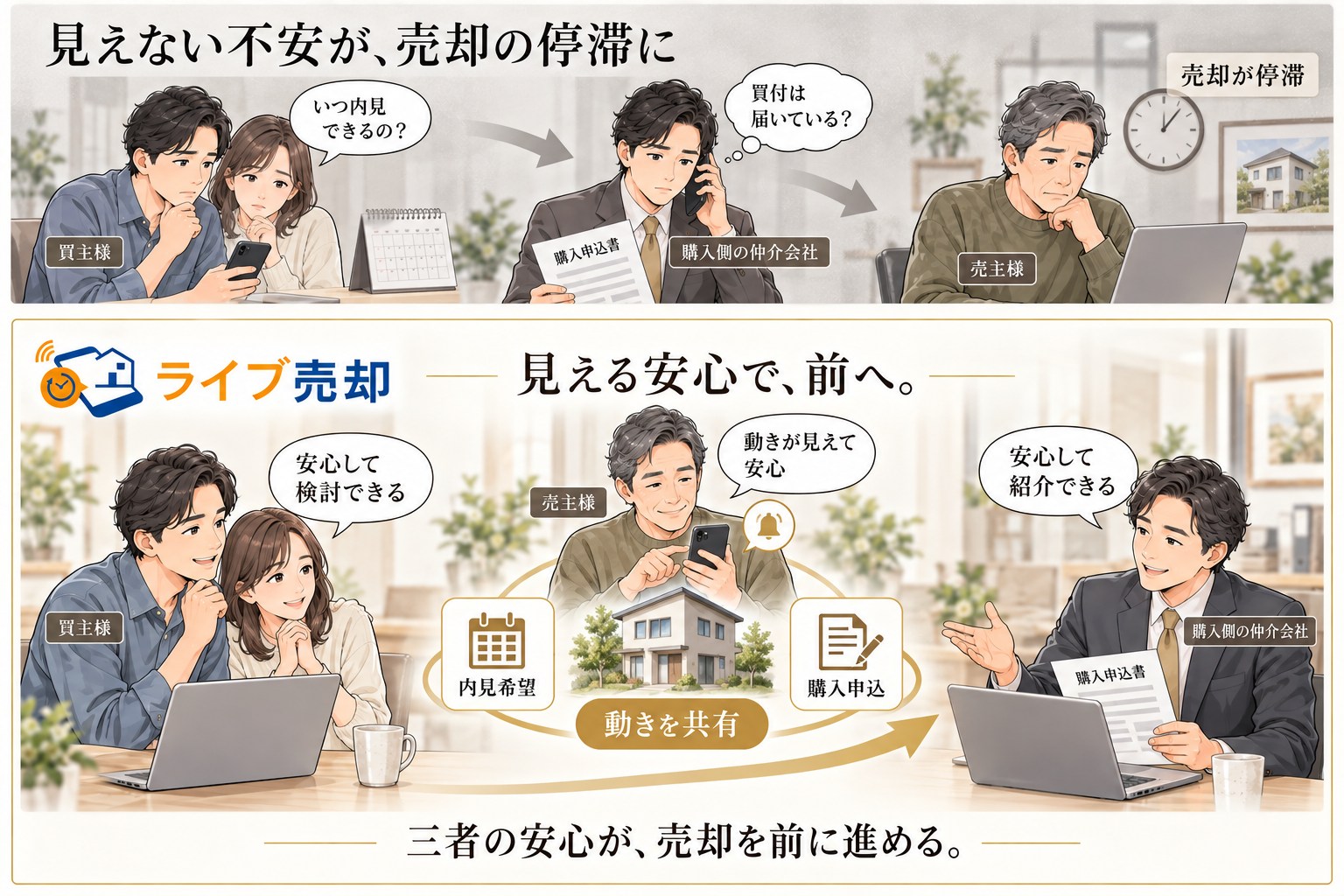 見えない不安が、売却の停滞に。買主様は「いつ内見できるの?」、購入側の仲介会社は「買付は届いている?」と不安を抱え、売主様の売却が停滞する。ライブ売却では、内見希望や購入申込の動きを共有することで、買主様は安心して検討でき、売主様は動きが見えて安心し、購入側の仲介会社は安心して紹介できる。三者の安心が、売却を前に進める。