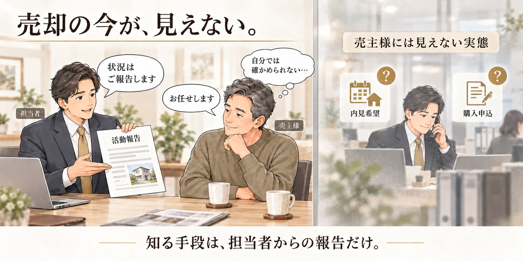 売却の今が、見えない。担当者は活動報告で「状況はご報告します」と伝え、売主様は「お任せします」と答えながらも「自分では確かめられない…」と感じている。内見希望や購入申込の実態は売主様には見えず、知る手段は担当者からの報告だけ。